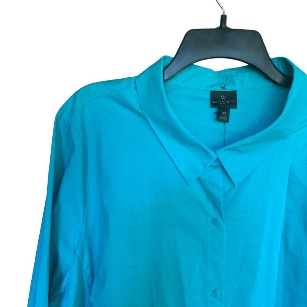 Worthington Blue Collared Spandex Stretch Button Down Shirt 3/4 Sleeve Sz 3X - Picture 2 of 13